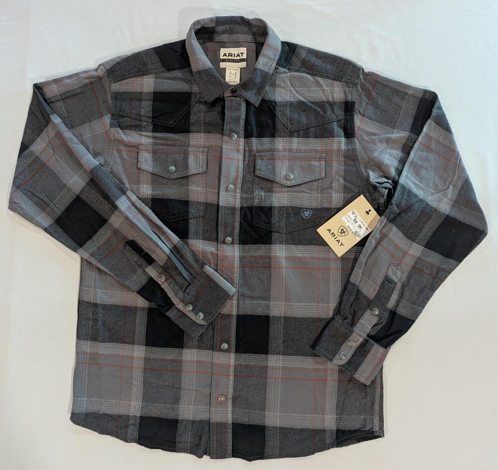 Ariat Shirt Mens M Gray Plaid Long Sleeve Western Snap Flannel Retro Fitted